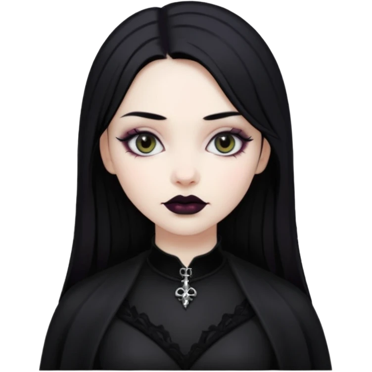 generate an image of a girl with black hair, caucasian and wearing gothic black clothes emoji