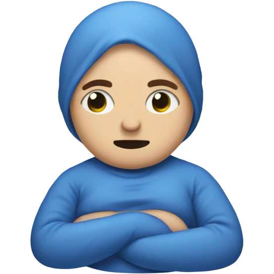 a blue man with a stoic expression , pregnant, rubbing his belly. Bald emoji