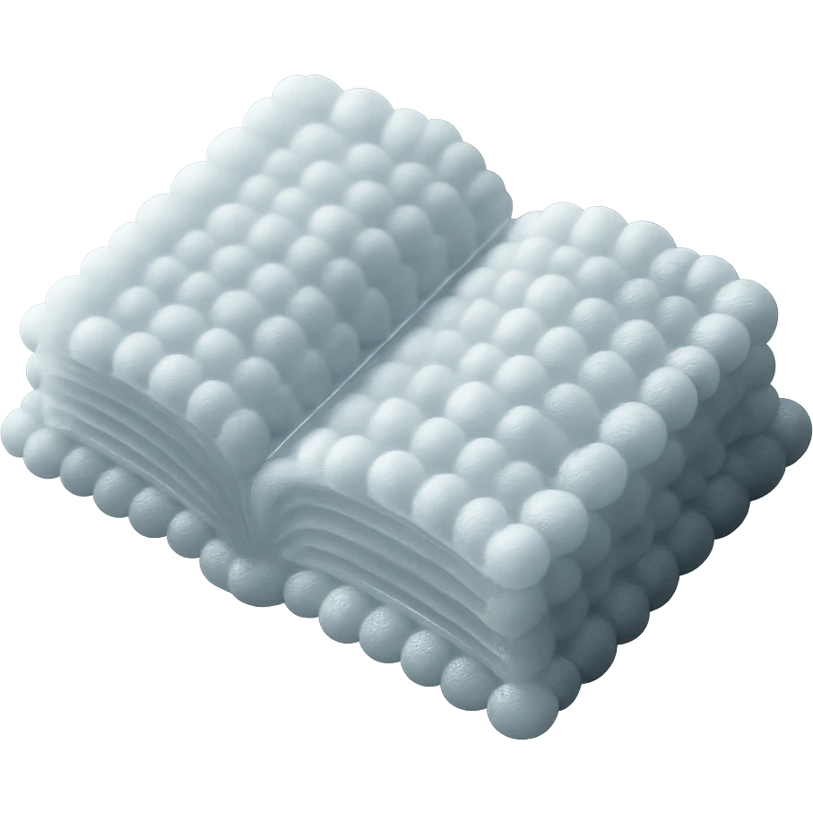 top view of a thick open book made entirely of small, very bright white fluffy convex clouds, matte glass style emoji