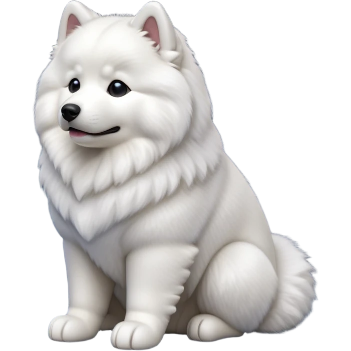 cinematic-[samoyed]-realistic-full-body-sitting-emoji,-tail-resting-loosely-beside-its-paws,-head-tilted-dramatically, -fluffy-[white]-fur,-simplified-yet-realistic-focused-features,-highly-detailed,-glowing-with-an-almost-sarcastic-glow emoji