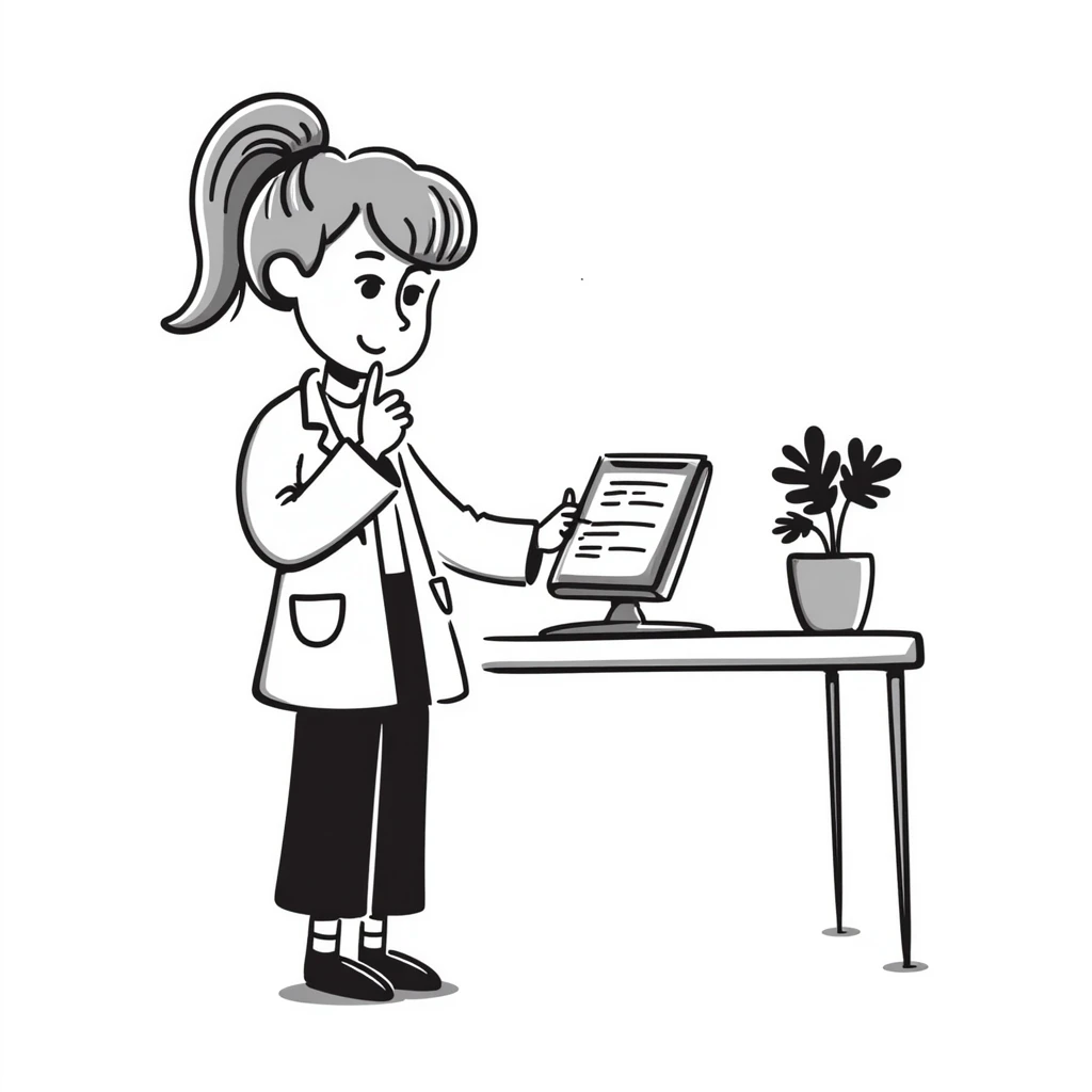 A thoughtful blonde physical therapist with finger on chin, wearing scrubs, looking contemplative while analyzing patient data emoji