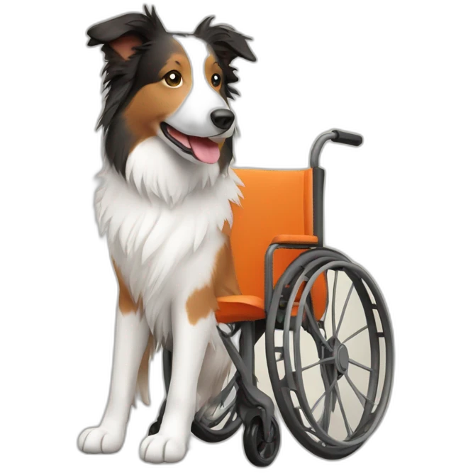 white and tan border collie in orange wheel chair emoji