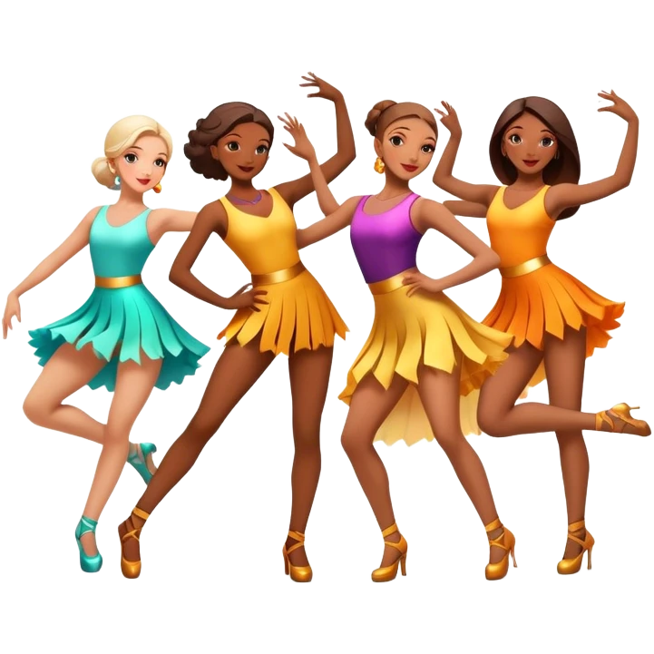 Icon for Contemporary Dance: a synchronized group dance performance with dancers in modern outfits, performing on stage with bright spotlighting and energetic movement. The icon should capture the dynamic and vibrant nature of contemporary dance. Transparent background. emoji