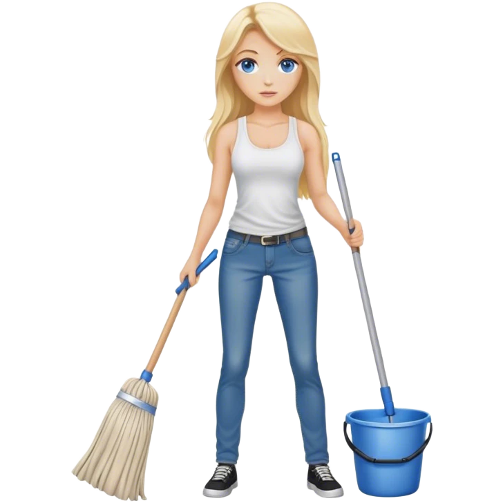 Cinematic realistic blonde with long hair and blue eyes, dressed in jeans and a tank top, holding a mop in her hands emoji