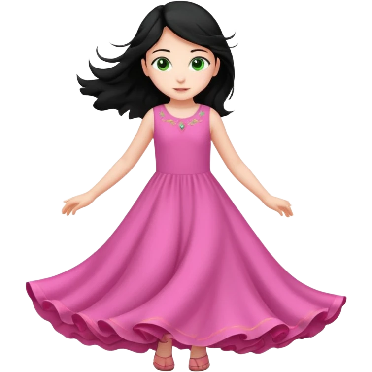 Una chica de 10 años volando con la piel clara el pelo negro y los ojos verdes con un vestido largo y rosa emoji