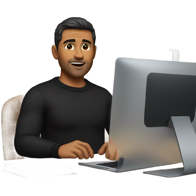    memoji of a man with a laptop in front, apple-style,modern,dark hair,light bear,black sweater,computer in hand,sitting on his desk  emoji