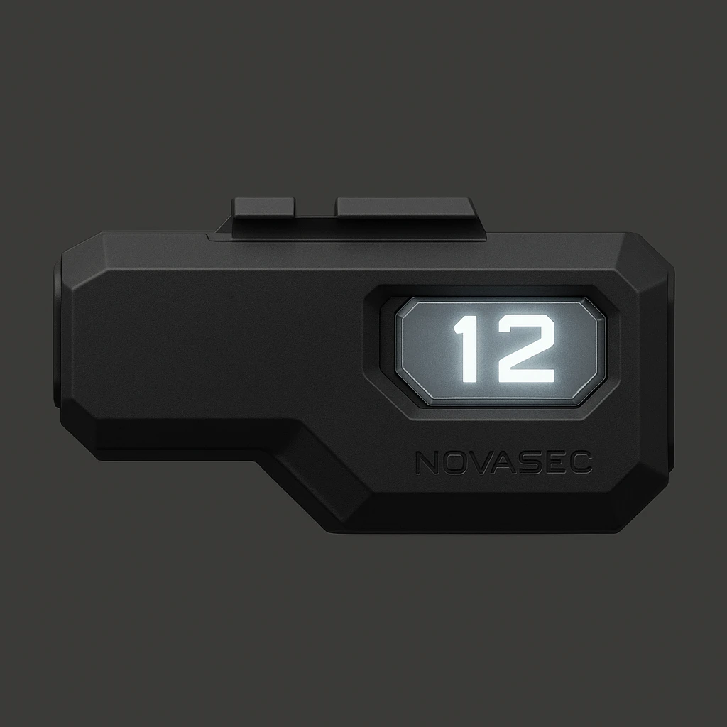 3D-rendered orthographic right view of the NOVASEC LUMA 12 underbarrel firearm attachment: compact, single-piece black matte module, elongated rectangular shape with beveled edges, glowing white prism-shaped ammo counter displaying '12' with cut corners and transparent cover, attachment rail insert on top, minimal tactical design, subtle NOVASEC branding, dark neutral background, soft lighting, no perspective or tilt, technical reference style emoji