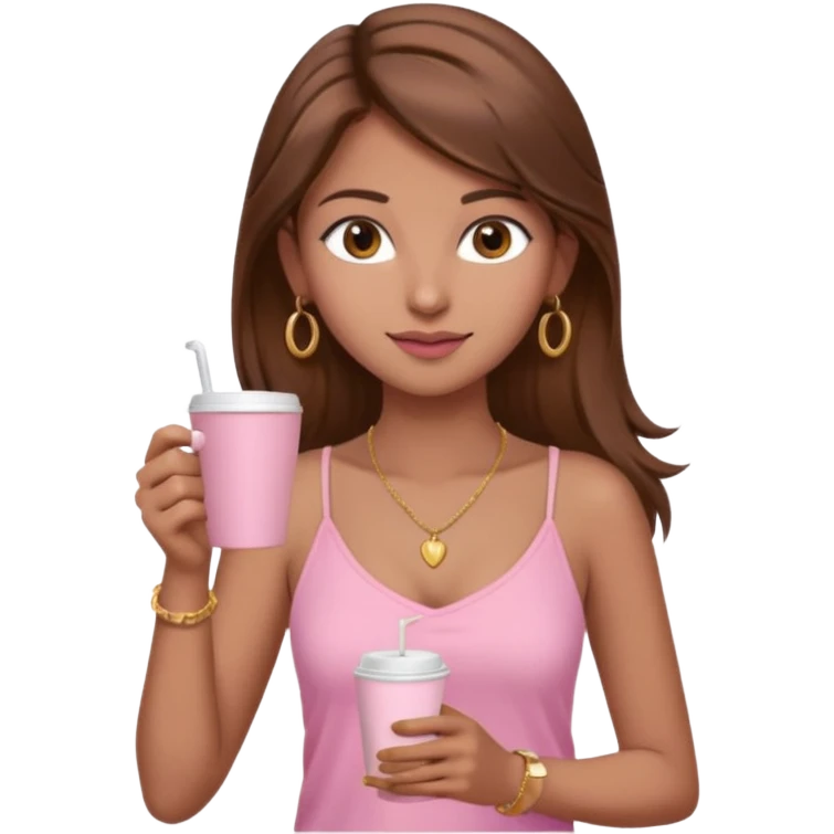 a pretty fair indian bratz girl with brown hair. with a pink cami top, drinking takeaway brown coffee, golden dainty necklace and carrying a white macbook emoji