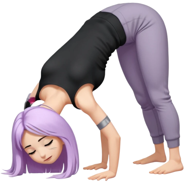 Девушка белокожая в позе собака мордой вниз, с длинными светло-лиловыми волосами, в черном топе, в серых спортивных штанах, с черными ресницами emoji