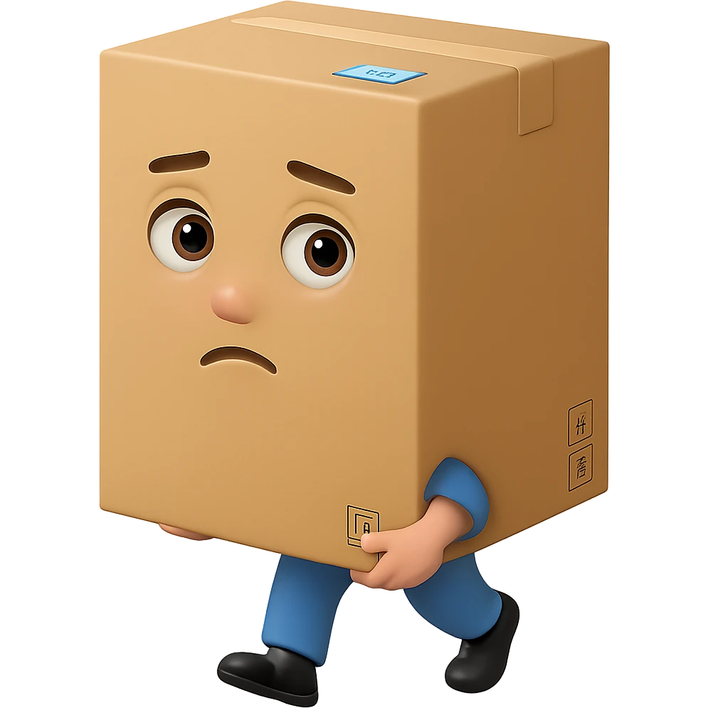 Make the box much larger and more prominent in the hands of the person carrying it, with no background. The style should be consistent with the original image. emoji
