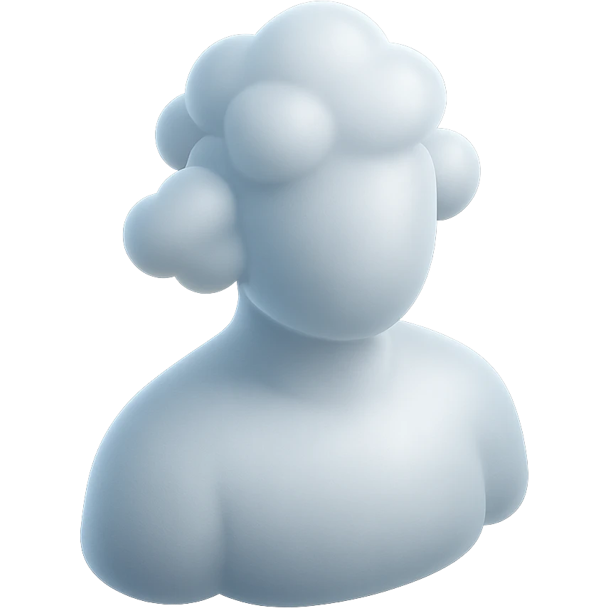 person made entirely of white fluffy convex clouds, shoulder up, front view, matte glass style emoji