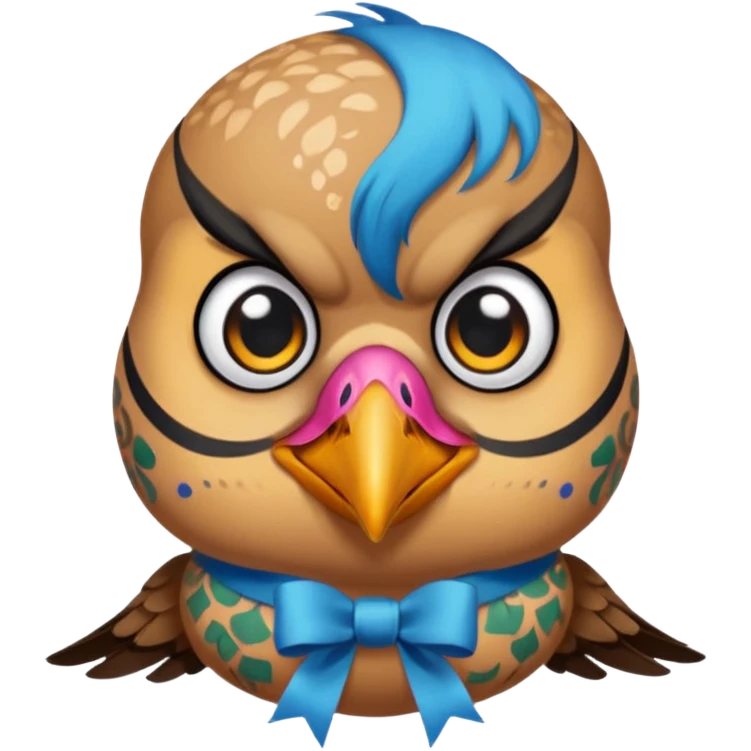 bird with piercings and excessive face tattoos and ribbon two eyes emoji
