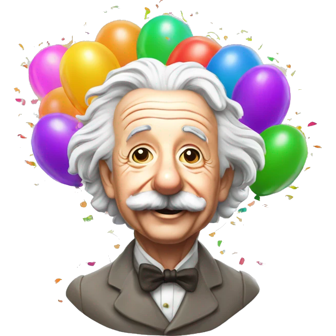 happy albert einstein shooting colorful confetti popper with partty baloons emoji