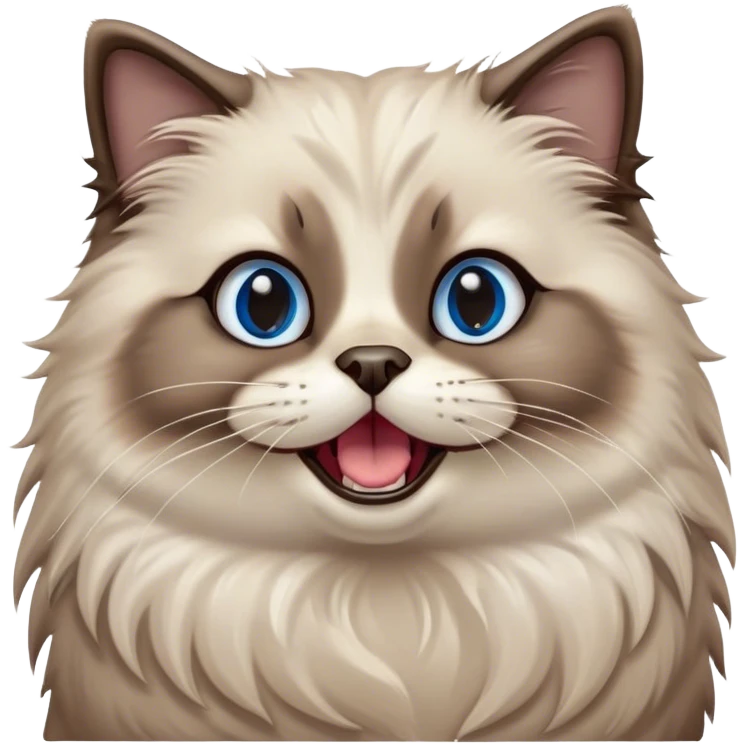 Cinematic Adorable Fluffy Brown Seal Ragdoll Cat Portrait Emoji, Head tilted cutely with big, sparkling blue eyes, soft brown seal-colored fur with darker points on the ears, face, and paws, Simplified yet irresistibly adorable features, highly detailed, glowing with a soft, warm glow, high shine, yawning in a peaceful and playful manner, stylized with a touch of whimsy, bright and endearing, soft glowing outline, capturing the essence of a relaxed and loving kitten, so cute it feels like it could leap out of the screen and stretch into a cozy nap! emoji