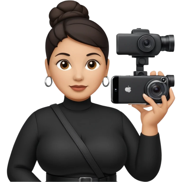 middle aged, latina plump woman photographer with dark hair, slicked back in a bun, wearing black clothes, carrying a canon r5, and an iPhone on a gimbal emoji