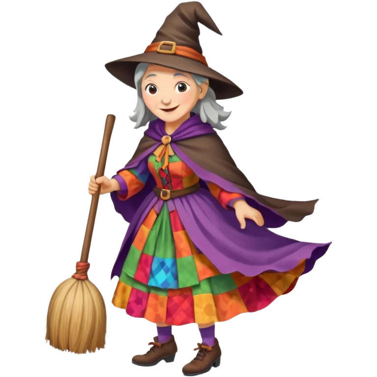 Befana flying on a broomstick: friendly old witch with a warm smile, big nose, rosy cheeks, wearing a colorful patchwork dress and shawl, riding a classic wooden broom. emoji