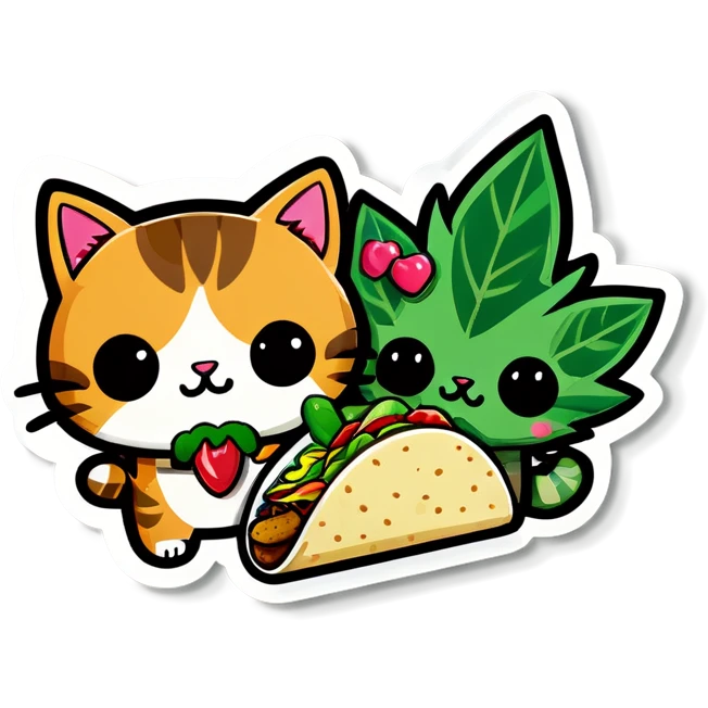 Kawaii Marijuana leaf and kittens eating tacos kawaii style  emoji