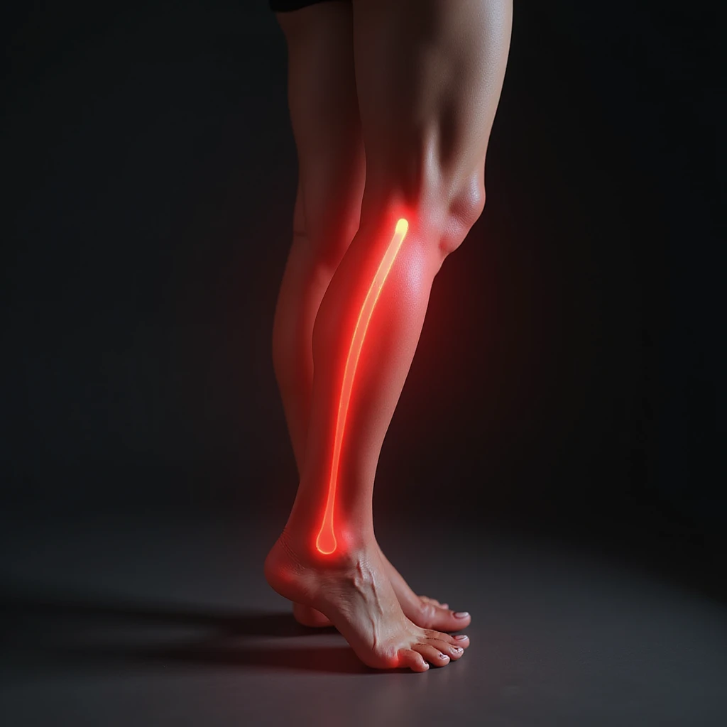 hyperrealistic illustration on white background of a leg with overload: leg viewed laterally, knee and calf area highlighted by a red halo, 4K details, variant 8 emoji