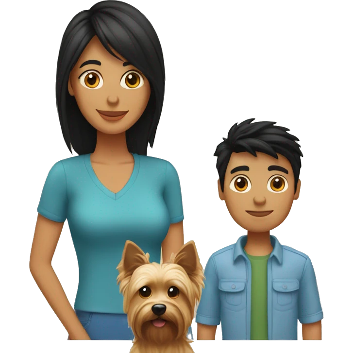 Dad with black hair,mom with black hair,son with blond hair and Yorkshire Terrier dog emoji