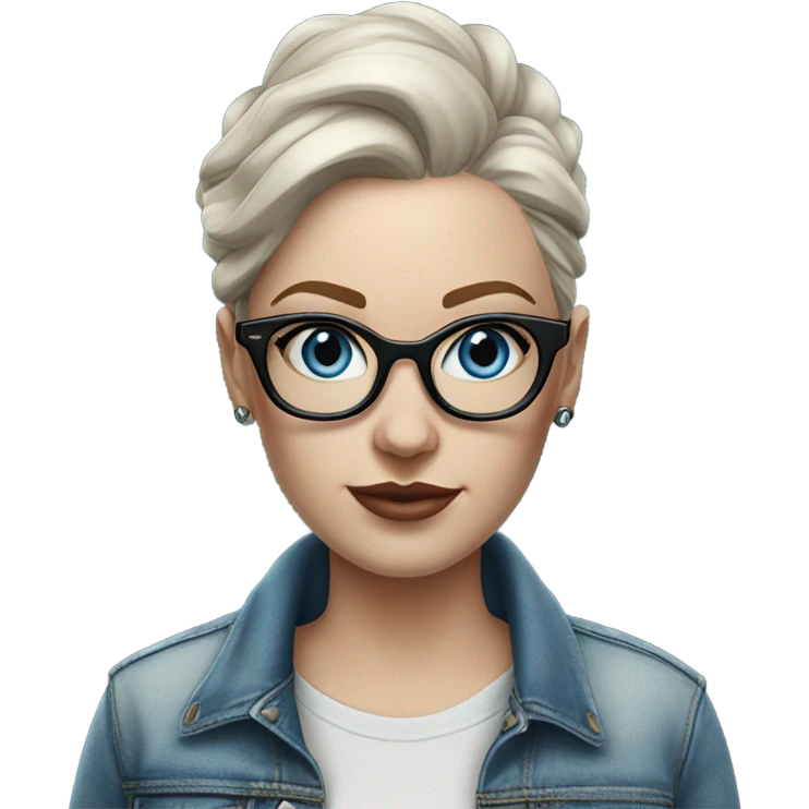 Create a Hyper Realistic pale beautiful tattooed 3D woman with glasses and blue eyes wearing denim jacket emoji