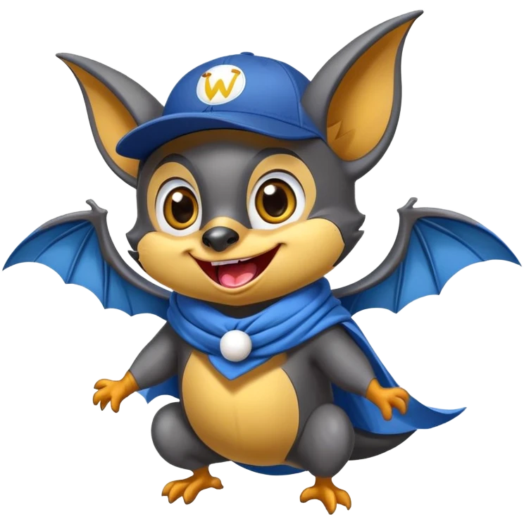 Friendly flying fox bat mascot with cheerful mischievous expression, large spread wings, big expressive eyes with playful glint, smiling mouth showing small fangs, wearing yellow and blue scarf wrapped around neck, blue baseball cap tilted to one side, dark grey body with white highlights, circular composition emoji