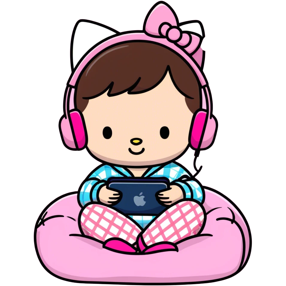 Cute brunette girl lounging on a bean bag with pink head phones on, wearing pink plaid pajama pants and hello kitty slippers and holding a pink iPhone  emoji
