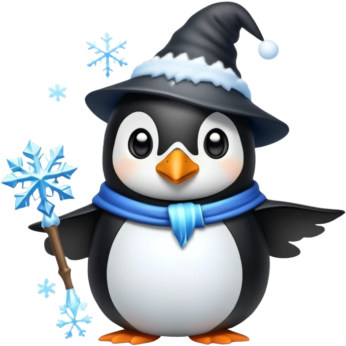 penguin wizard casting an ice spell with snowflakes and frost emoji