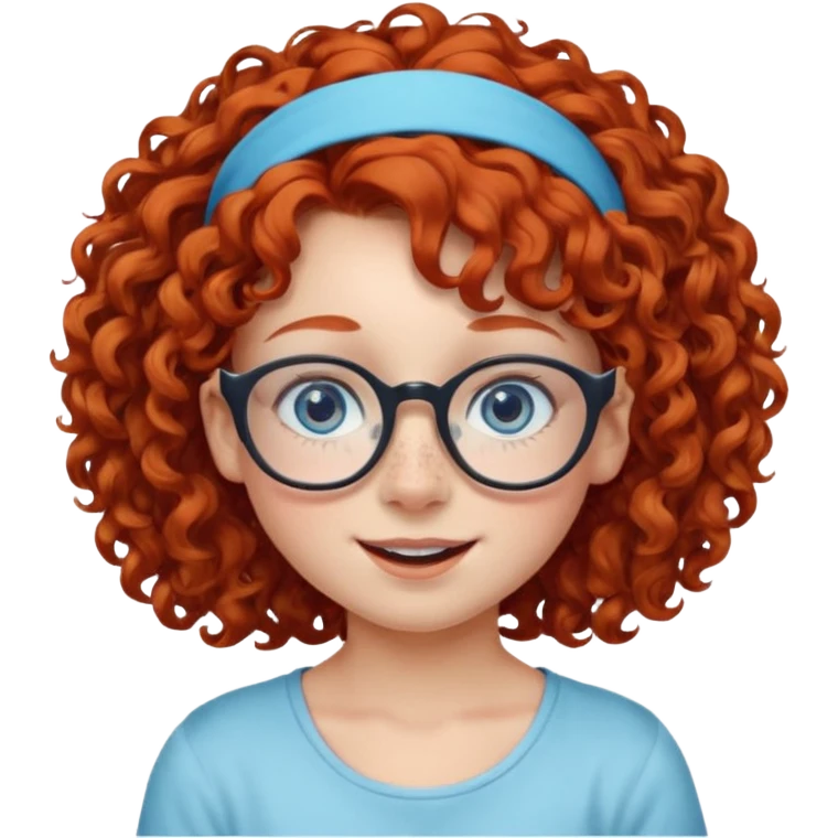 redhead kid with unique face features and very curly hair kid girl happy and big glasess and big nose and very blue eyes and headband with freckles emoji