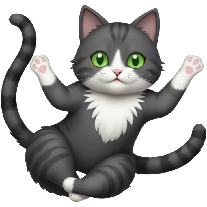 dark grey cat with green eyes, white toes/paws and white patch on her chest playfully rolling upside down emoji