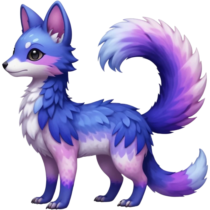  White with indigo-Violet-purple-pinkish-gradient markings beautiful handsome gorgeous aesthetic colorful vibrant Vernid-Trico-species-Fakemon-creature by LiLaiRa, 4 legs, 1 tail, random markings, (full body) emoji