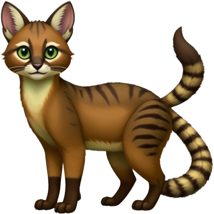 Colorful dark tropical dusky-hunter-green and dark-brownish glorious divine exotic cute cool beautiful shiny beautiful fantasy-caracal-civet-genet-sergal-vernid-Cacomistle-oncilla-animal-Fakémon-hybrid-fursona (full body) emoji