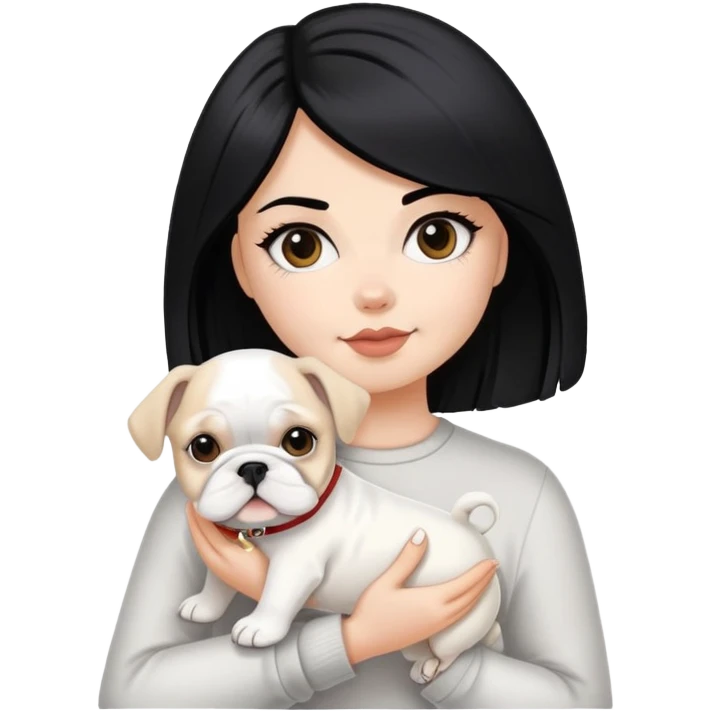 black hair white girl hold short hair maltese and cream color bulldog emoji