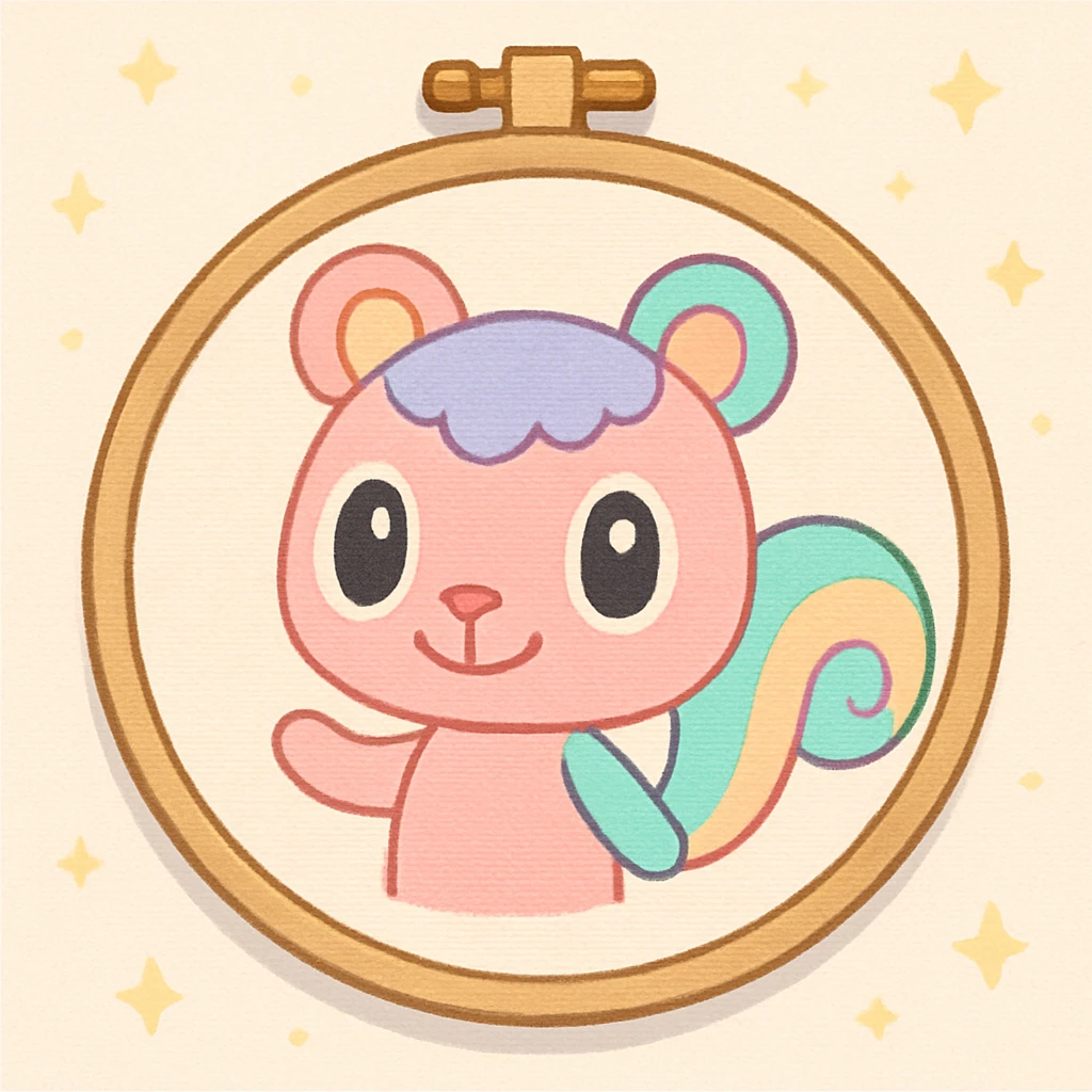 an embroidery frame with a fantasy animal embroidered, Animal Crossing style, pastel palette, charming and friendly emoji