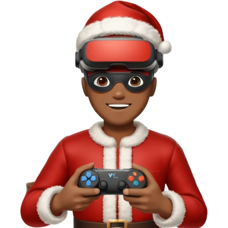 Homme photographe noir, week-end détente, équipé d’un appareil photo pro. Dans un décor Noël chaleureux, Père Noël à côté, sapin illuminé, lumières douces. L’homme porte un casque VR autour du cou ou sur la tête, et une manette PS 2025 dans la main libre. Ambiance festive, réaliste, couleurs nettes emoji
