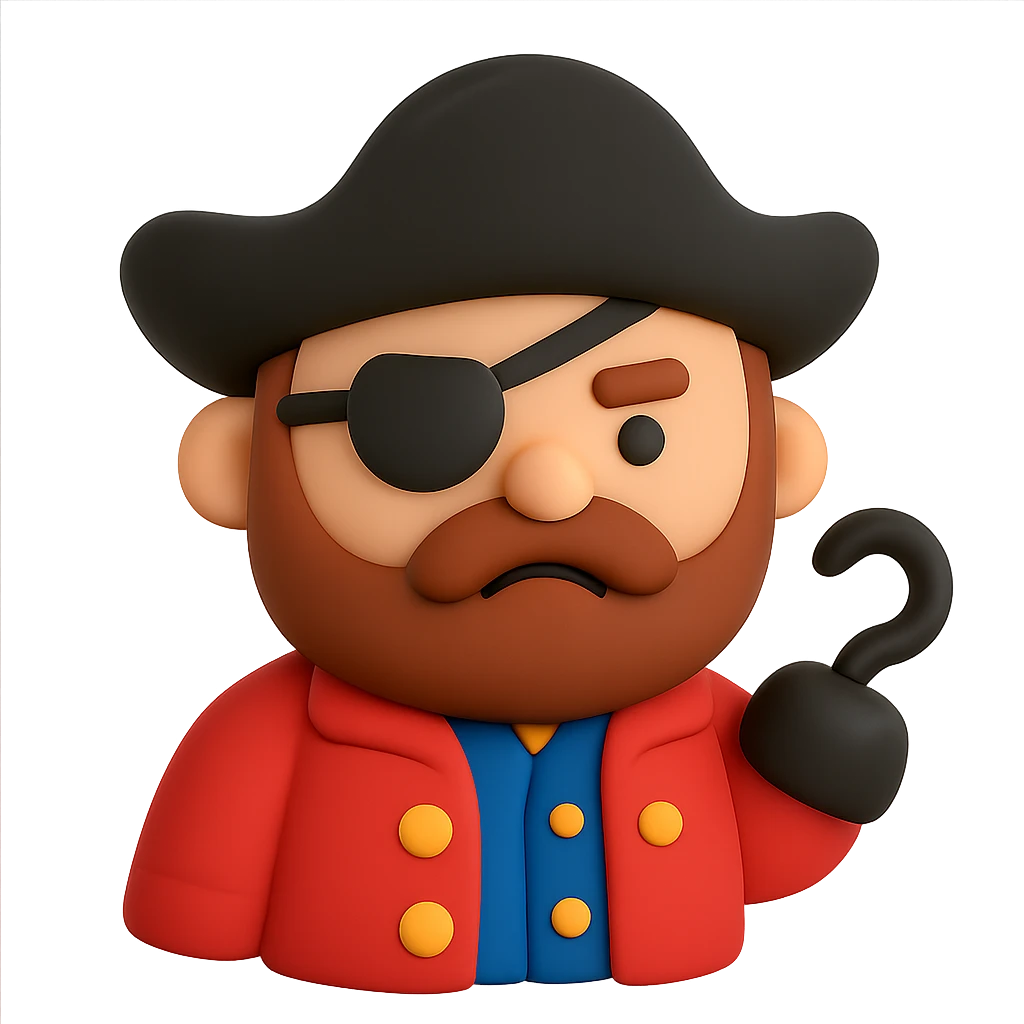 A cute pirate captain with eye patch, tricorn hat, and hook hand emoji