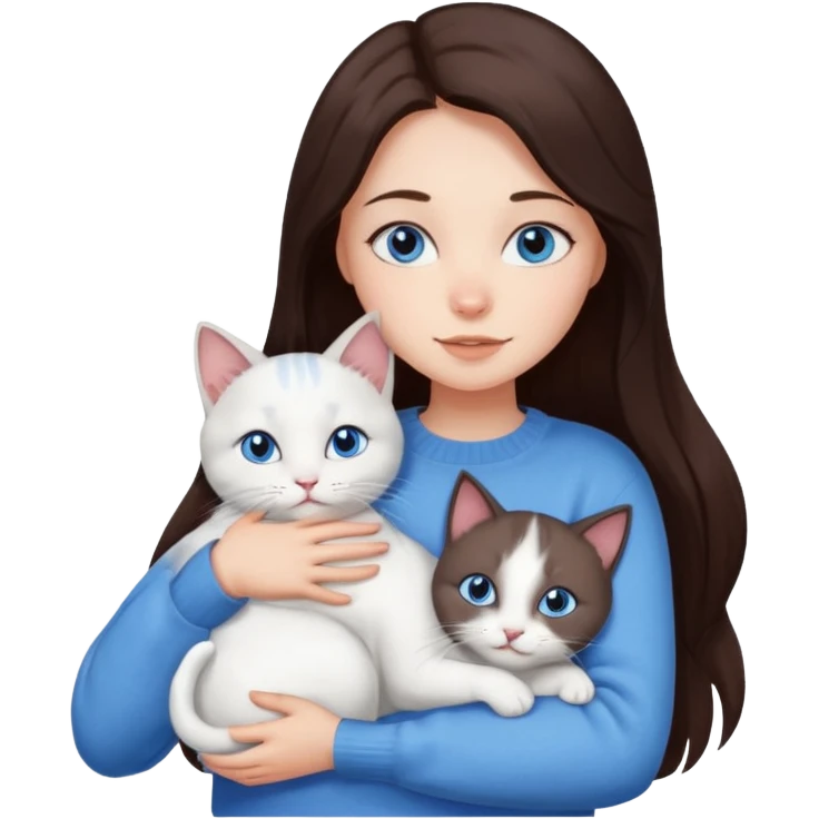 a girl with long dark 
brown hair, with blue eyes, in a
white sweater, hugs 3 different natural coloured cats emoji