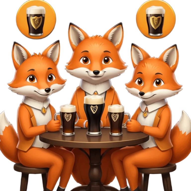Three foxes sitting at a round table drinking Guinness emoji