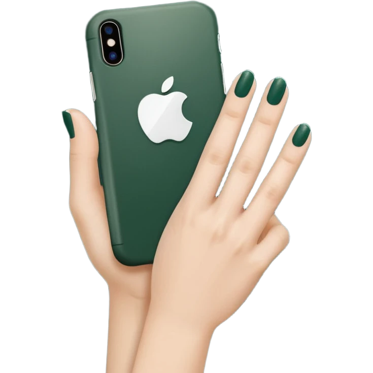 female hand with nude manicure (5 fingers) holding a white iPhone in a dark green case, minimalism, clean background, emoji style emoji