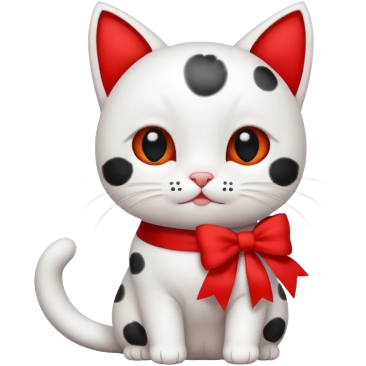 white cat with little black spots and a bright red bow, minimal and adorable emoji