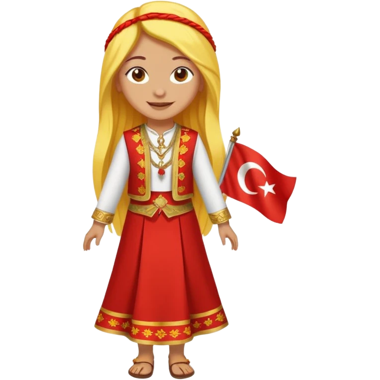ultra sexy happy Turkish girl with Turkish flag in national outfit, full body, long yellow hair emoji