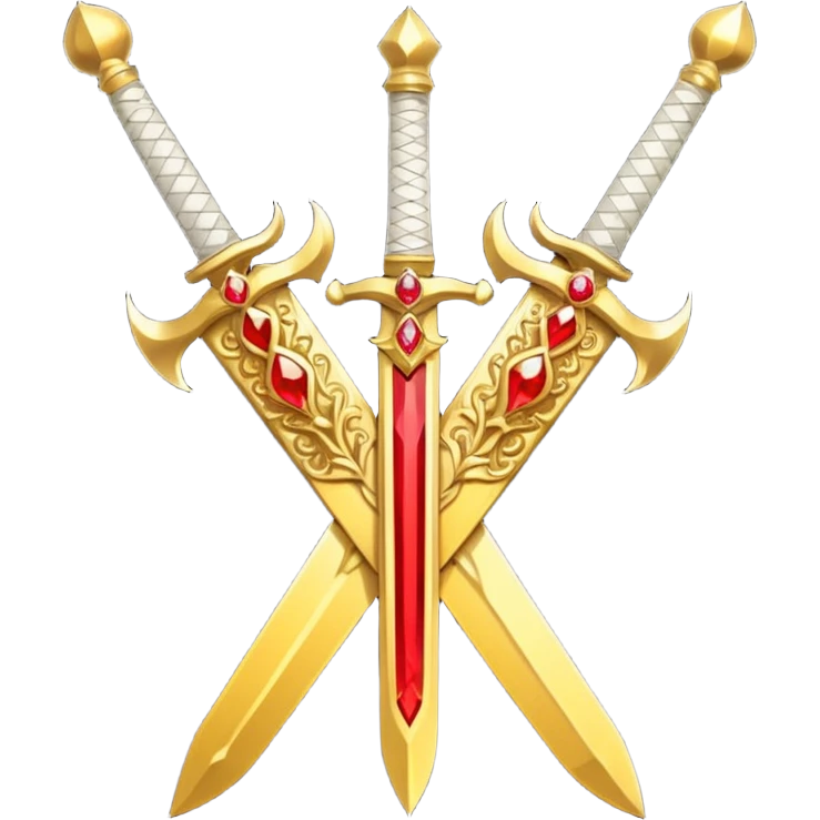 Two crossed swords that are golden in blade and handle and have fiery and royal appearence to them as well as red gem stones yellow in color emoji