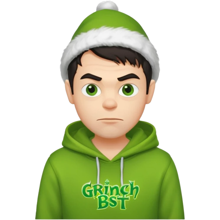 Create an avatar of white European with dark hair  male in hoodie with ``BST`` letters on it. Make background to look like from movie Grinch emoji