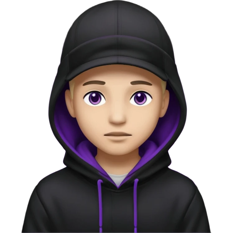 Carton character related to a shadow, with all black clothes, focusing a hoodie with his cap on, no visible face because of the darkness, just his purple shadow eyes making a light bloom emoji