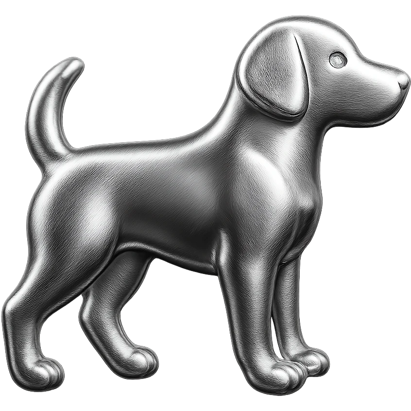               Apply a high-end, photorealistic metallic chrome material to the provided {subject}. The material should have a smooth, slightly curved surface with subtle reflections and soft shadows, resembling brushed or polished silver metal. Preserve the exact shape, proportions, and design of the original object. Set it against a solid black background (#000000) in 8K resolution. The lighting should enhance the beveled edges and reflective highlights, creating a sleek, premium finish. {subject} = dog emoji