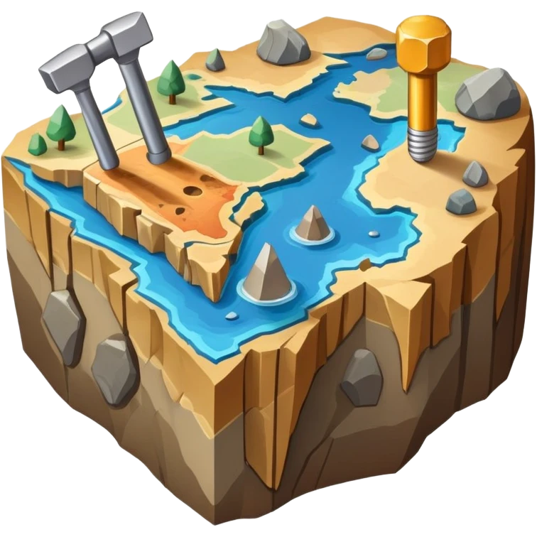 An icon featuring a rock hammer, a geological map, and layers of Earth’s crust, symbolizing geology. The design includes mineral samples, fossils, and tectonic plates, representing the study of Earth’s structure and natural processes. Transparent background highlights geological exploration emoji