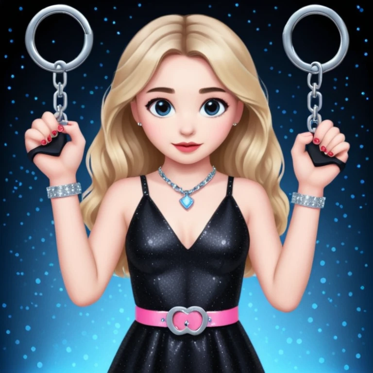 Sabrina carpenter at concert wearing a black sparkly dress with a silver sparkle v neck. she is holding up pink handcuffs. facing audience, blue and red lights setting  emoji