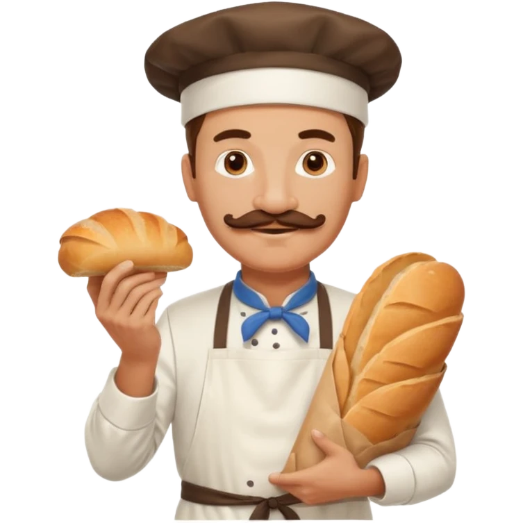 Middle aged male pastry chef - with a mustache, apron, white hat, holding a bag of bread emoji