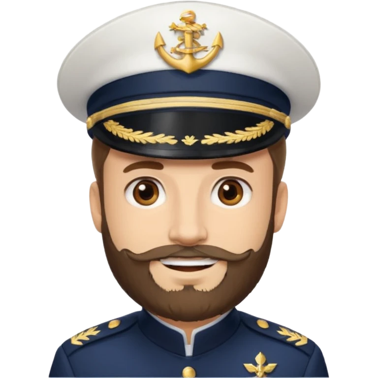 A light-skinned man with brown eyes and a beard, smiling while wearing a white captain’s hat with a navy emblem. emoji
