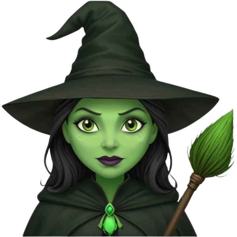elphaba wicked witch with broom close up, evil dark coily long dark hair, green skin, thick green lips, cheekbones, smirk evil menacing cythia erivo dark aesthetic black hat cloak o emoji