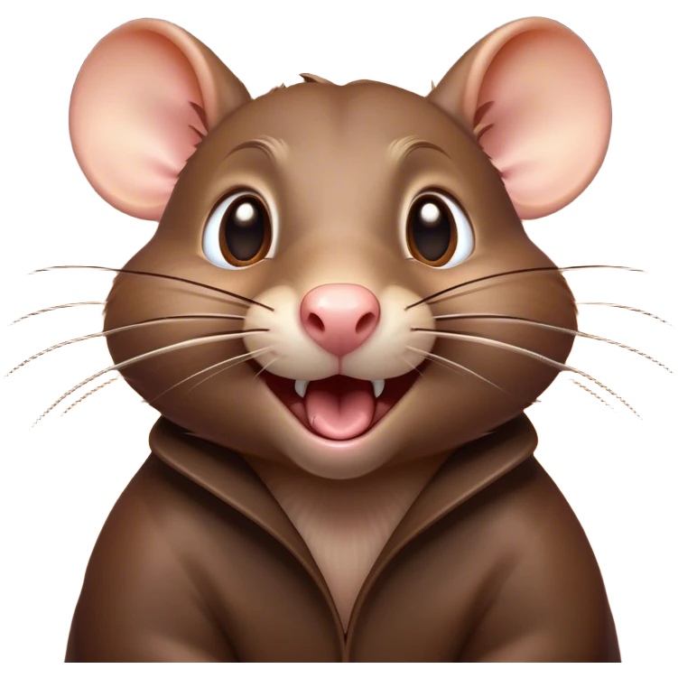 Cinematic Comical Brown Rat Portrait Emoji, Head tilted dramatically with an exaggeratedly amused expression, featuring a striking glossy brown coat with comically large whiskers and wide, expressive eyes filled with playful disbelief, Simplified yet hilariously expressive features, highly detailed, glowing with a slightly sassy glow, high shine, dramatic yet playful, stylized with an air of cheeky urban mischief, soft glowing outline, capturing the essence of a spirited and over-the-top rat that looks ready to scamper its way into internet fame instantly! emoji